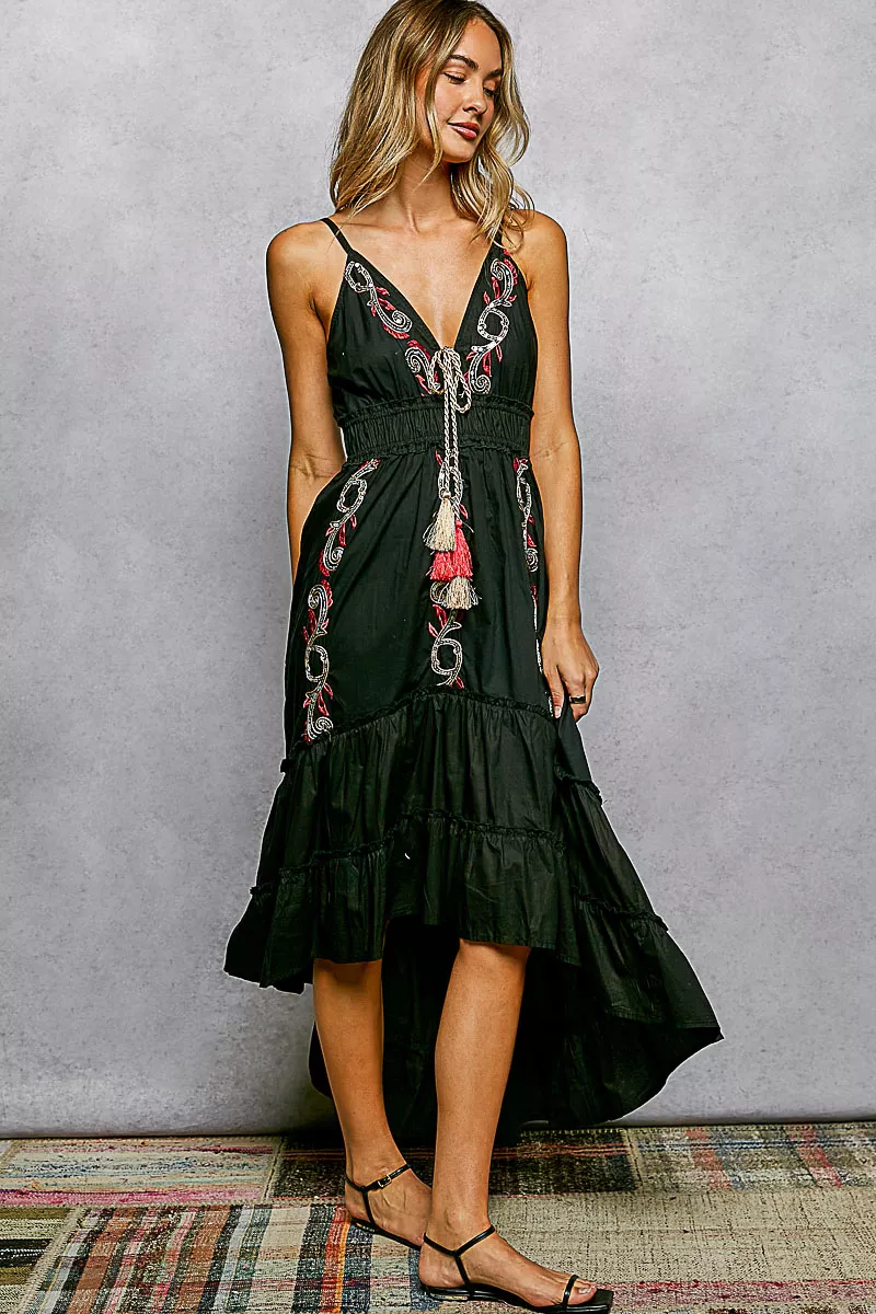 Embroidered Detail Tassel Tie Smocked Waist Midi Tiered Cami Dress, image 2