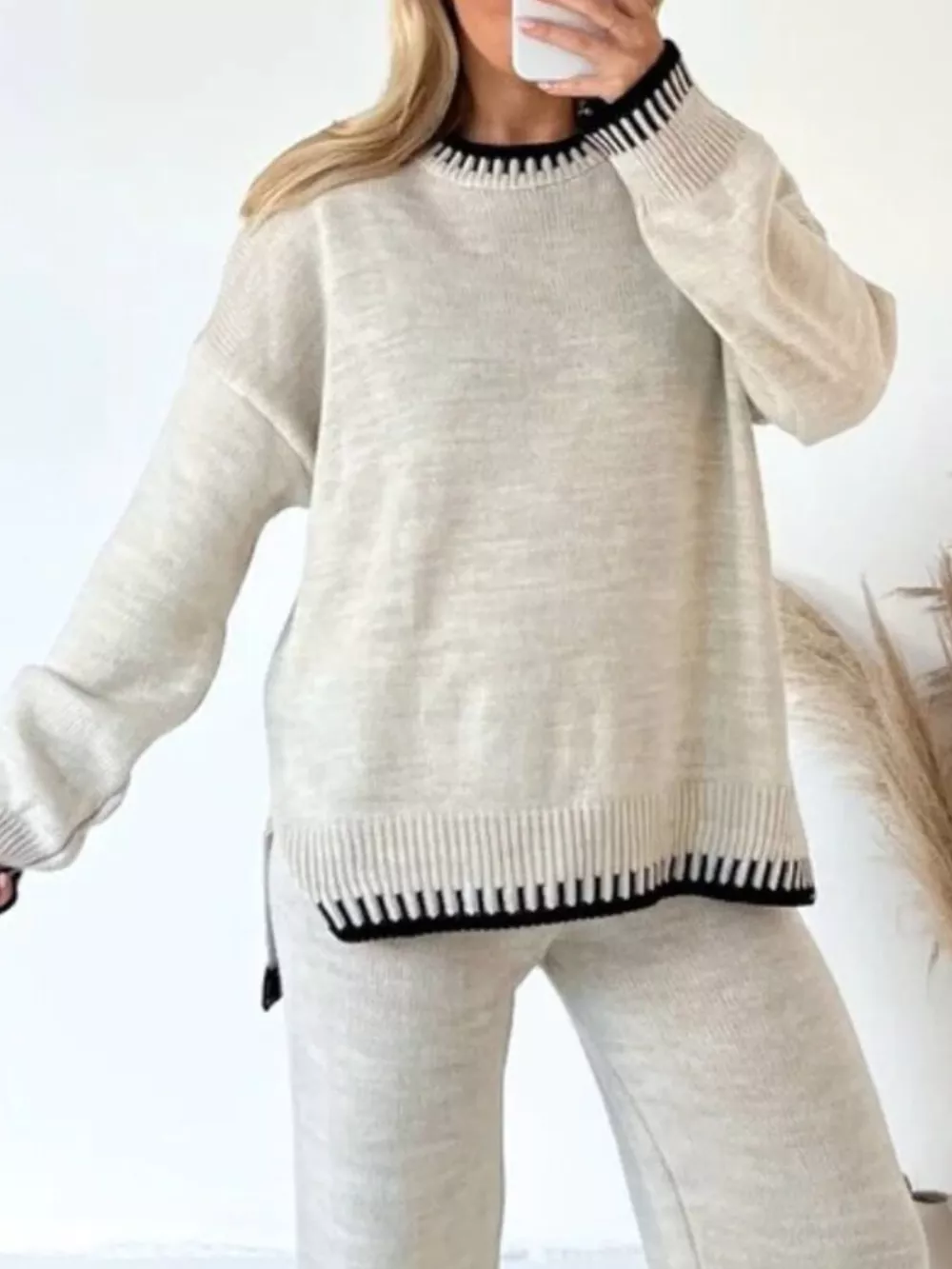 Contrast Trim Round Neck Top and Pants Sweater Set, image 20