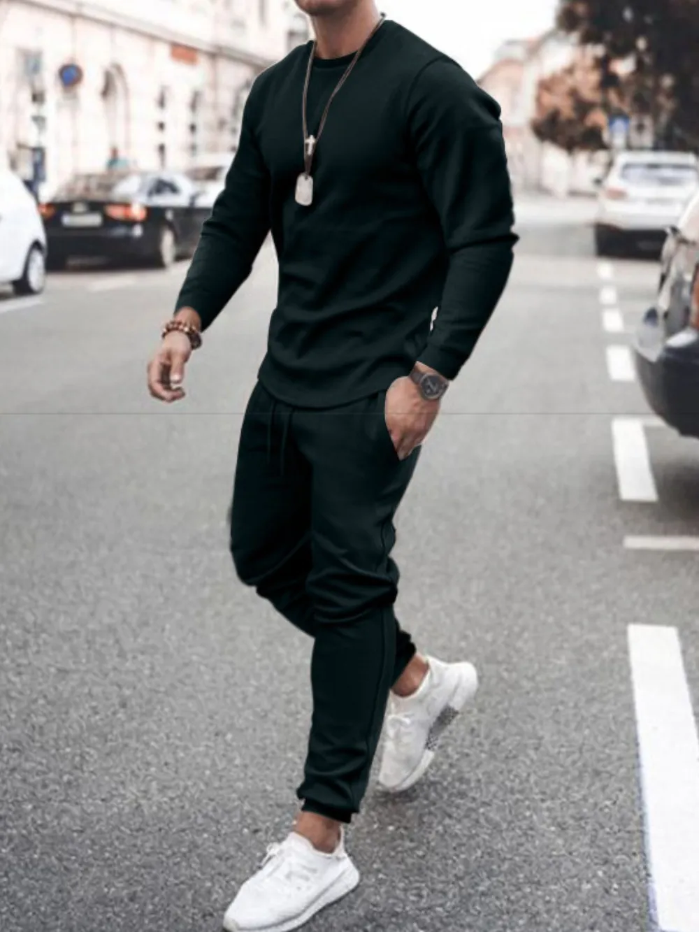 Men's Full Size Round Neck Long Sleeve Top and Pants Set Plus Size
