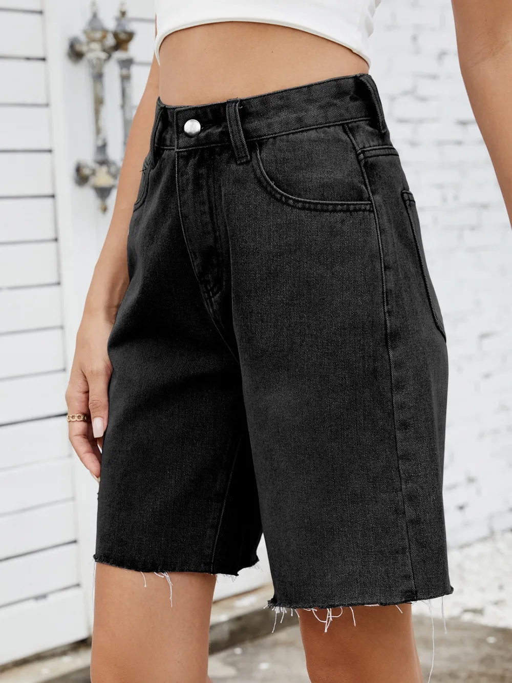 Washed Raw Hem Denim Shorts, image 10