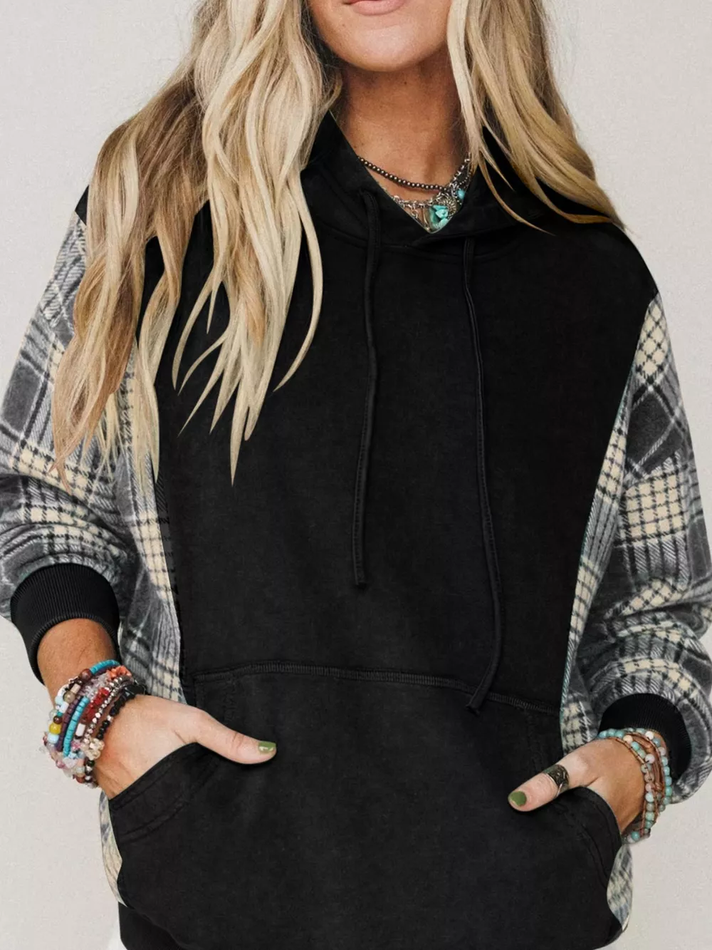 Plaid Sleeve Drawstring Pocket Hoodie, image 19