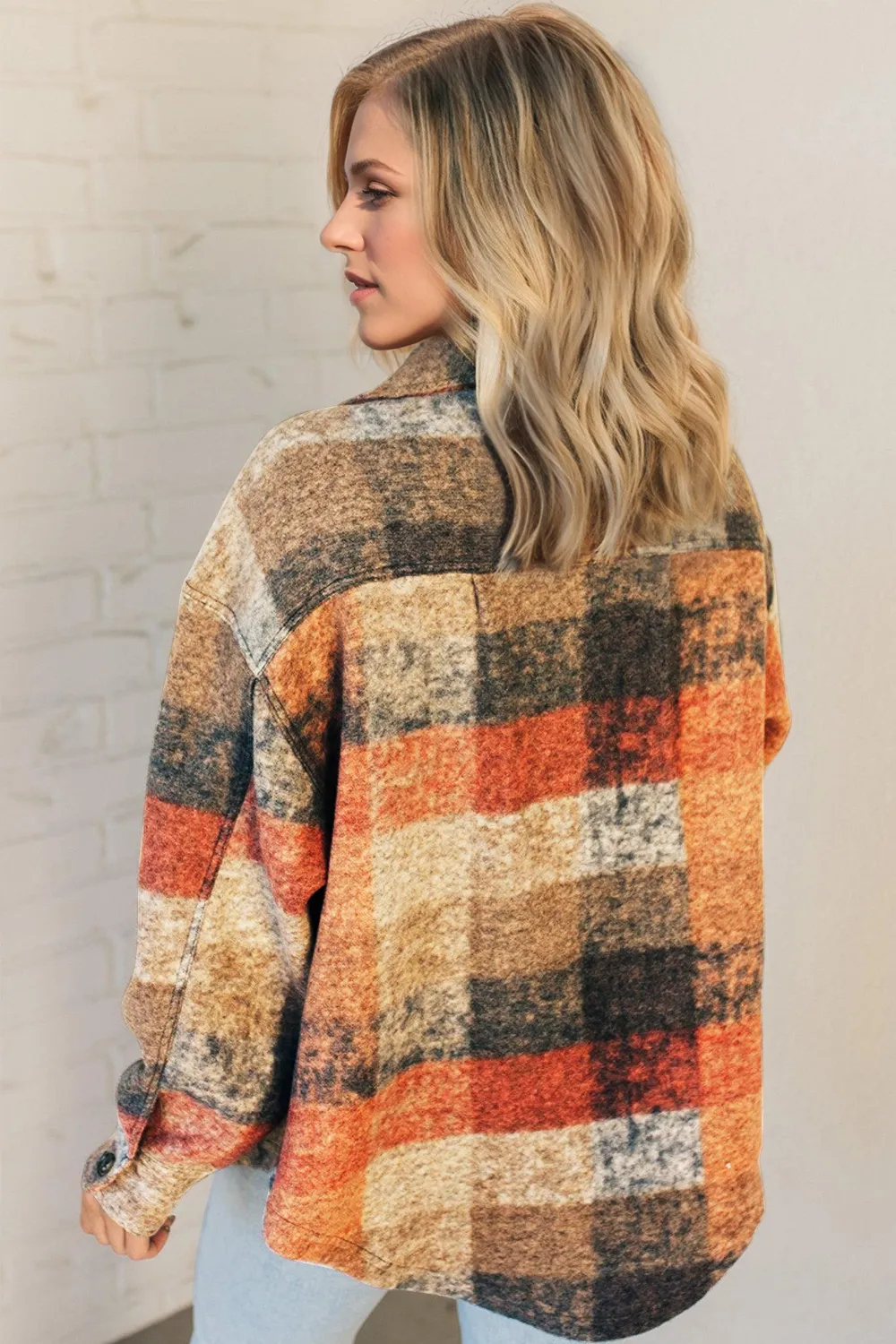 Button Up Plaid Fleece Shacket with Pockets, image 3