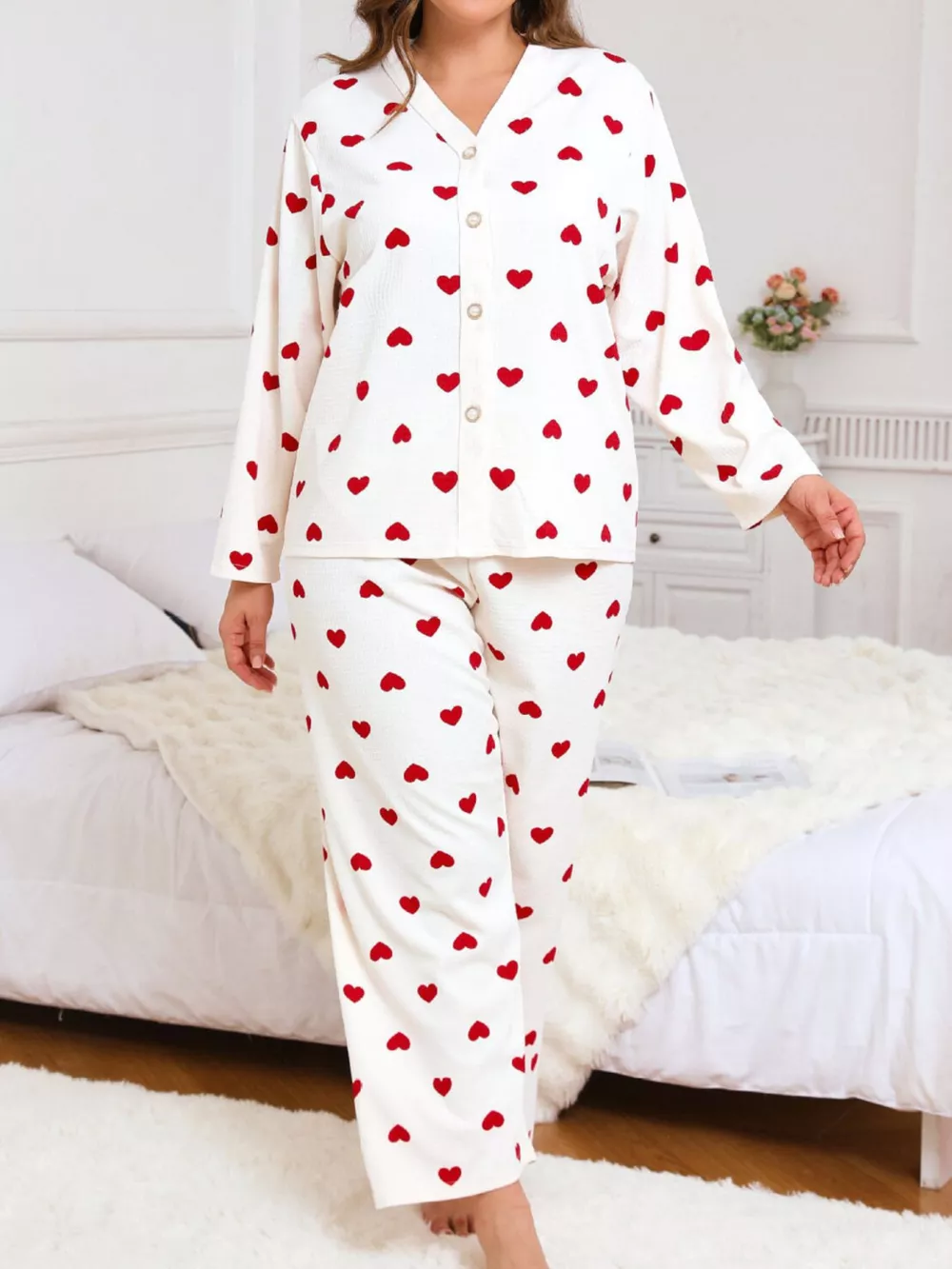 Plus Size Heart Print Button-Down Top and Pants Set, image 2