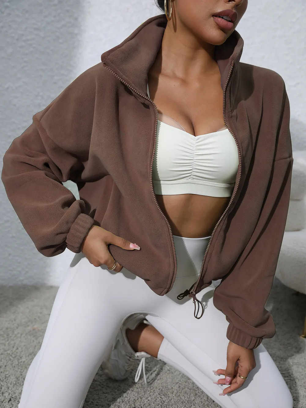 Drawstring Turtleneck Zip Up Long Sleeve Jacket, image 4
