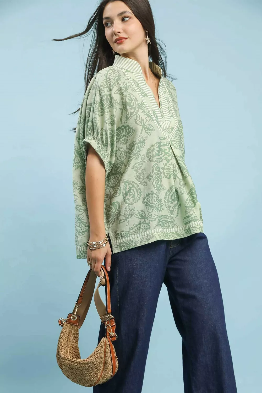Botanical Print Mixed Trim Tunic Top, image 5