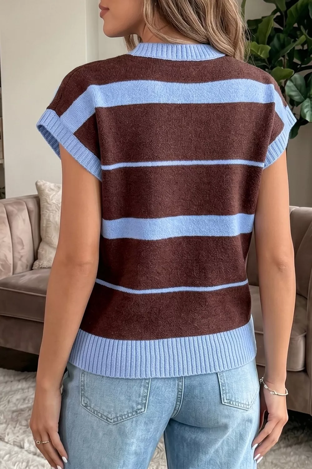Striped Short Sleeve Round Neck Casual Knit Top, image 5
