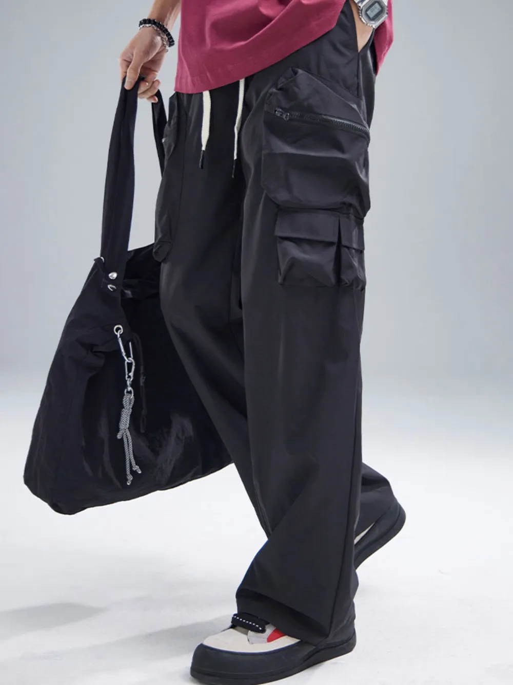 Men's Multi-Pocket Cargo Wide Leg Pants with Drawstring Waist, image 4