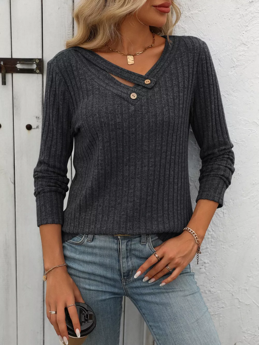 Ribbed Knit Long Sleeve Button Detail T-Shirt, image 19