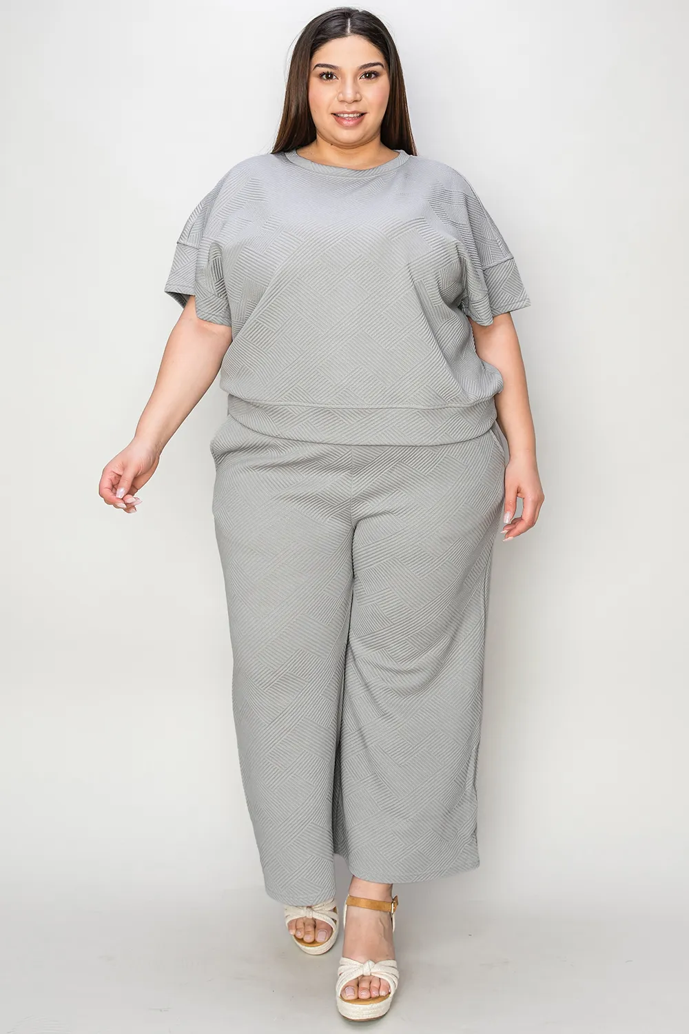 Full Size Texture Short Sleeve Top and Pants Set, image 27