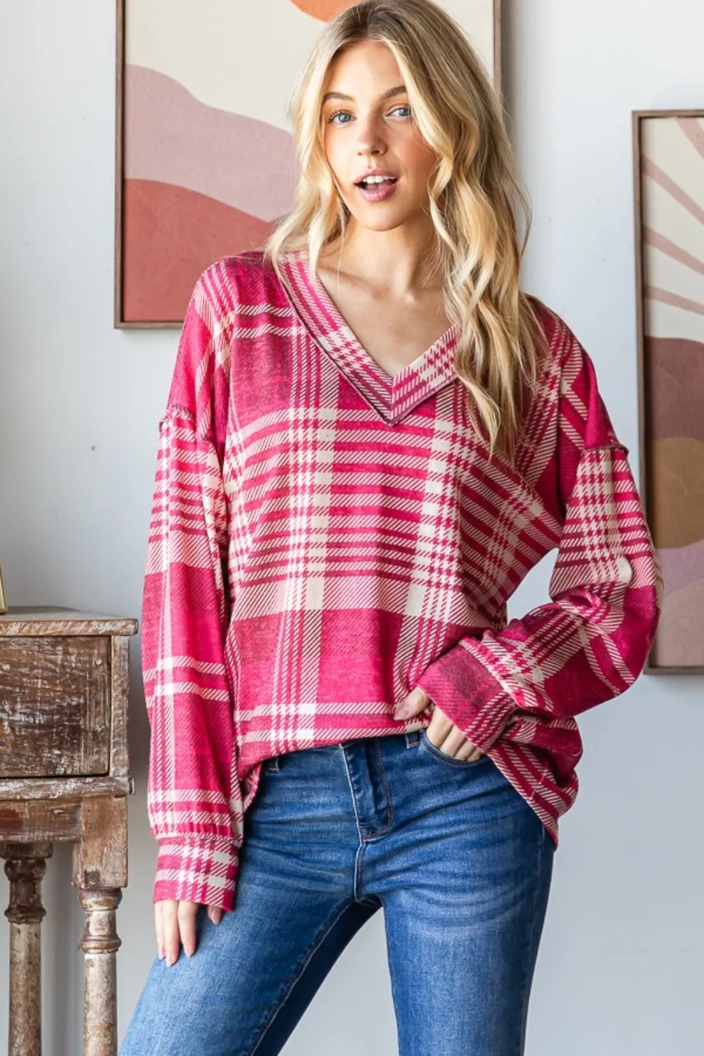 Plaid Drop Shoulder V-Neck T-Shirt, image 4