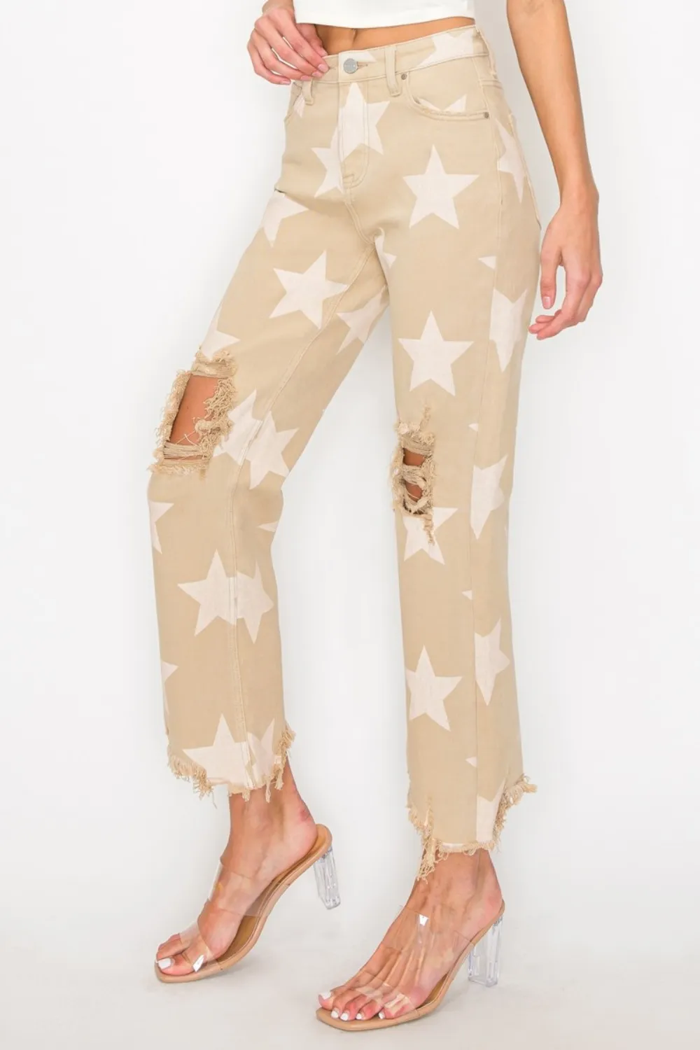 Full Size High Rise Star Printed Frayed Hem Jeans, image 8