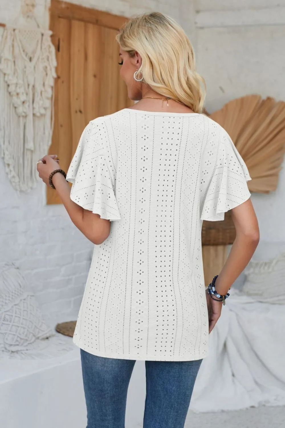 Eyelet Applique V-Neck Cap Sleeve T-Shirt, image 9