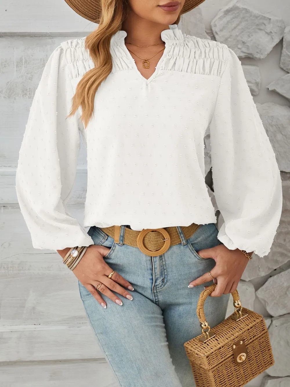 Ruched Swiss Dot Notched Balloon Sleeve T-Shirt, image 4