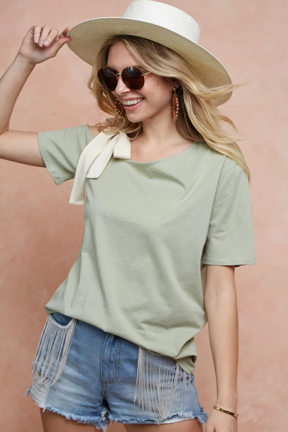Tied Ribbon One Shoulder Short Sleeve T-Shirt, image 3