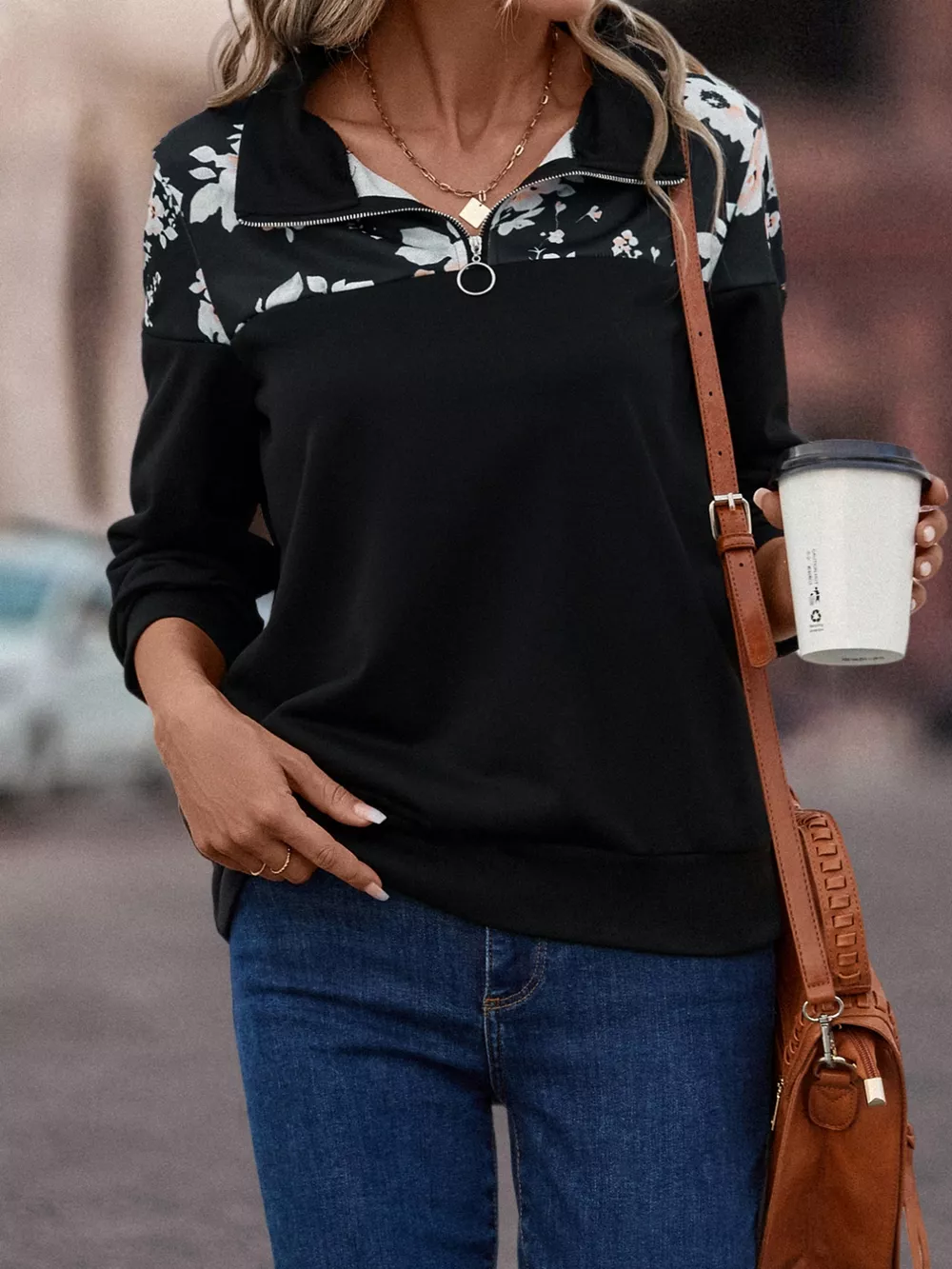 Floral Print Quarter Zip Sweatshirt, image 7