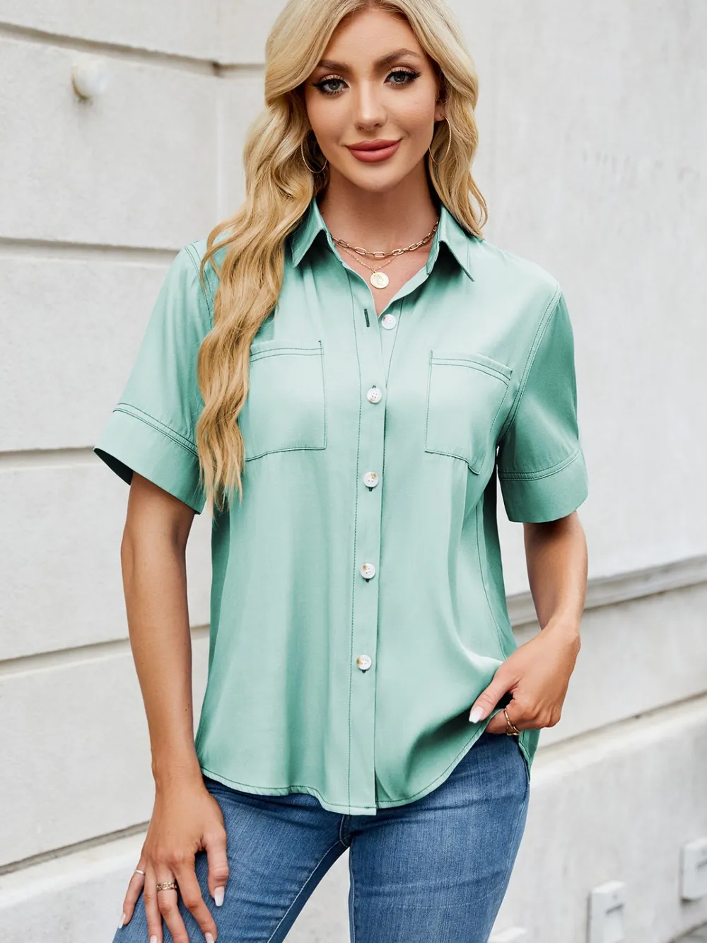Collared Neck Short Sleeve Shirt, image 18