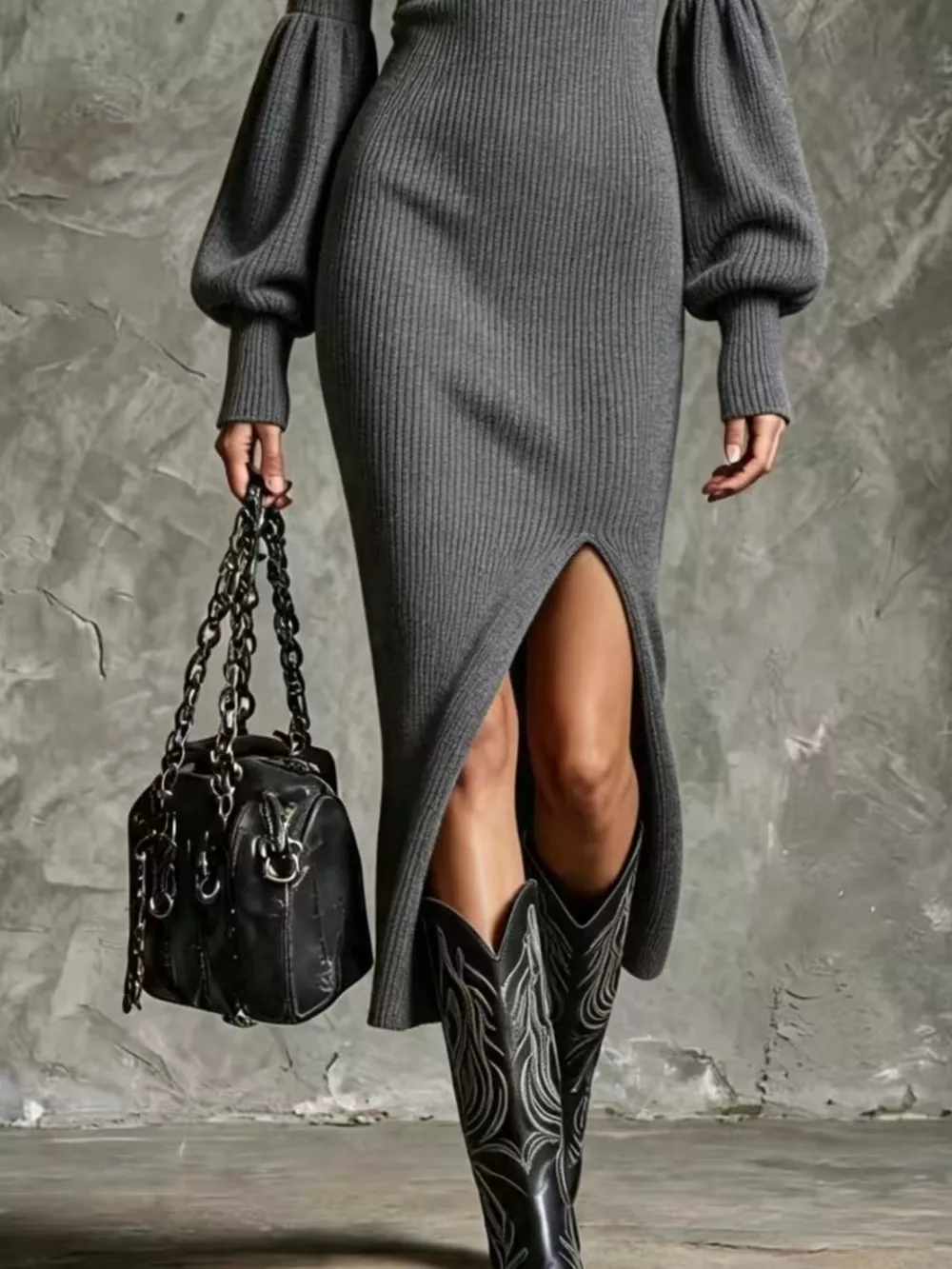 Ribbed Knit Quarter-Zip Lantern Sleeve Sweater Dress, image 6