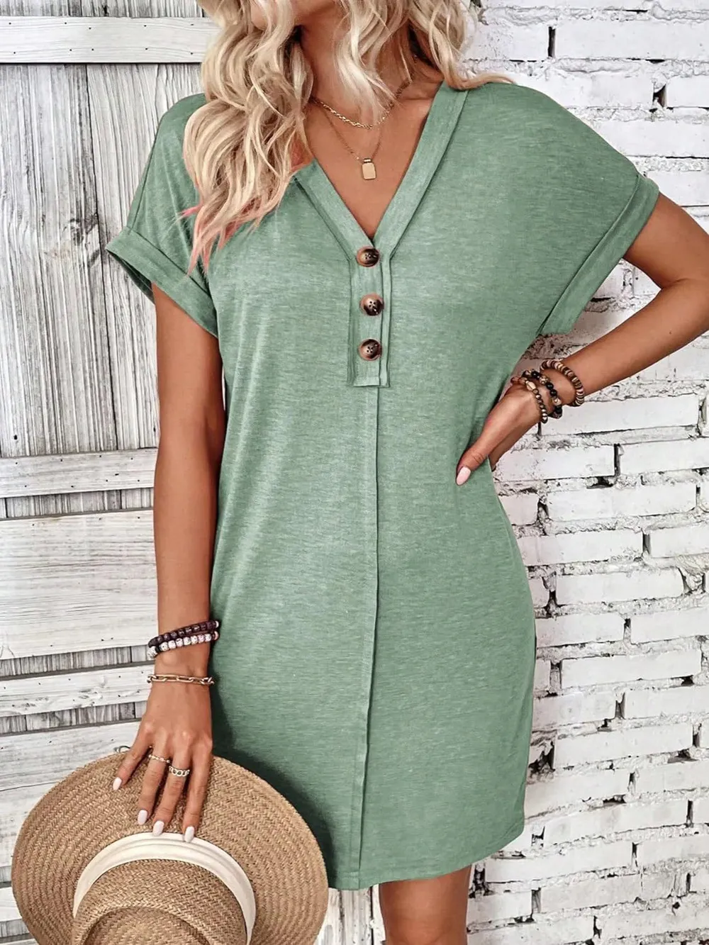 Quarter Button V-Neck Short Sleeve Dress, image 20