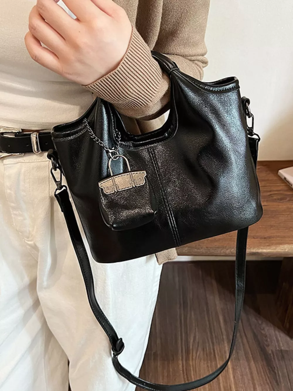 Leather Crossbody Bag with Charm, image 6