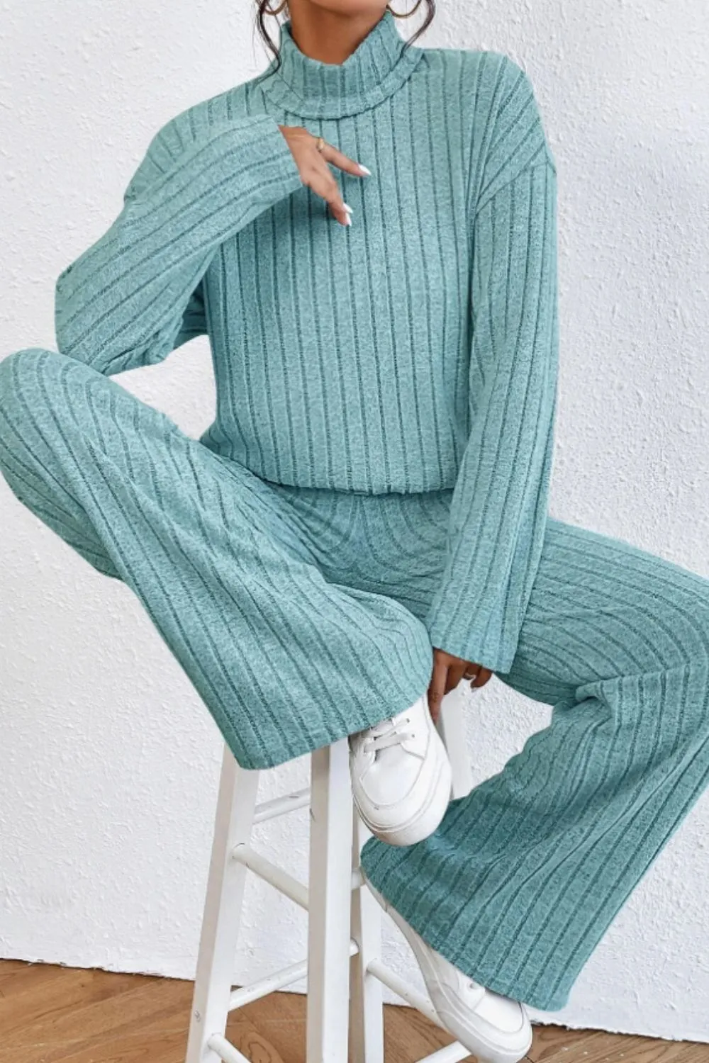 Mock Neck Dropped Shoulder Top and Pants Set, image 13