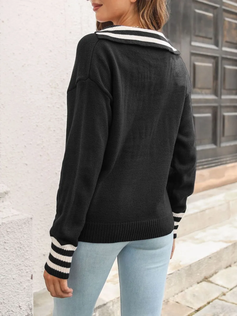 Striped Trim Drop Shoulder Sweater, image 10