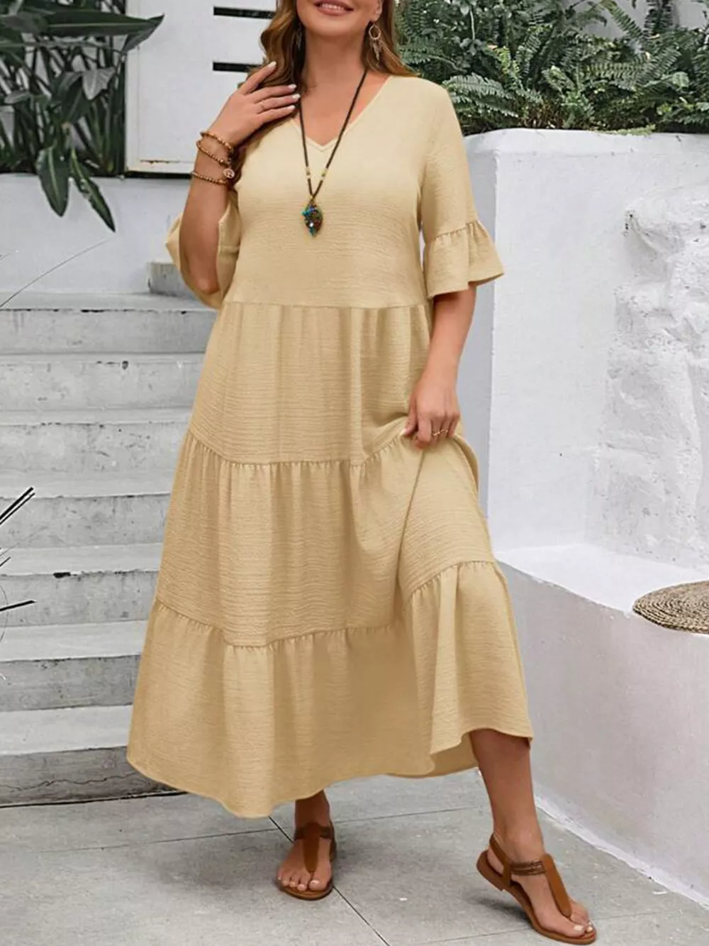 Plus Size Ruffle Sleeves Tiered Midi Dress, image 5