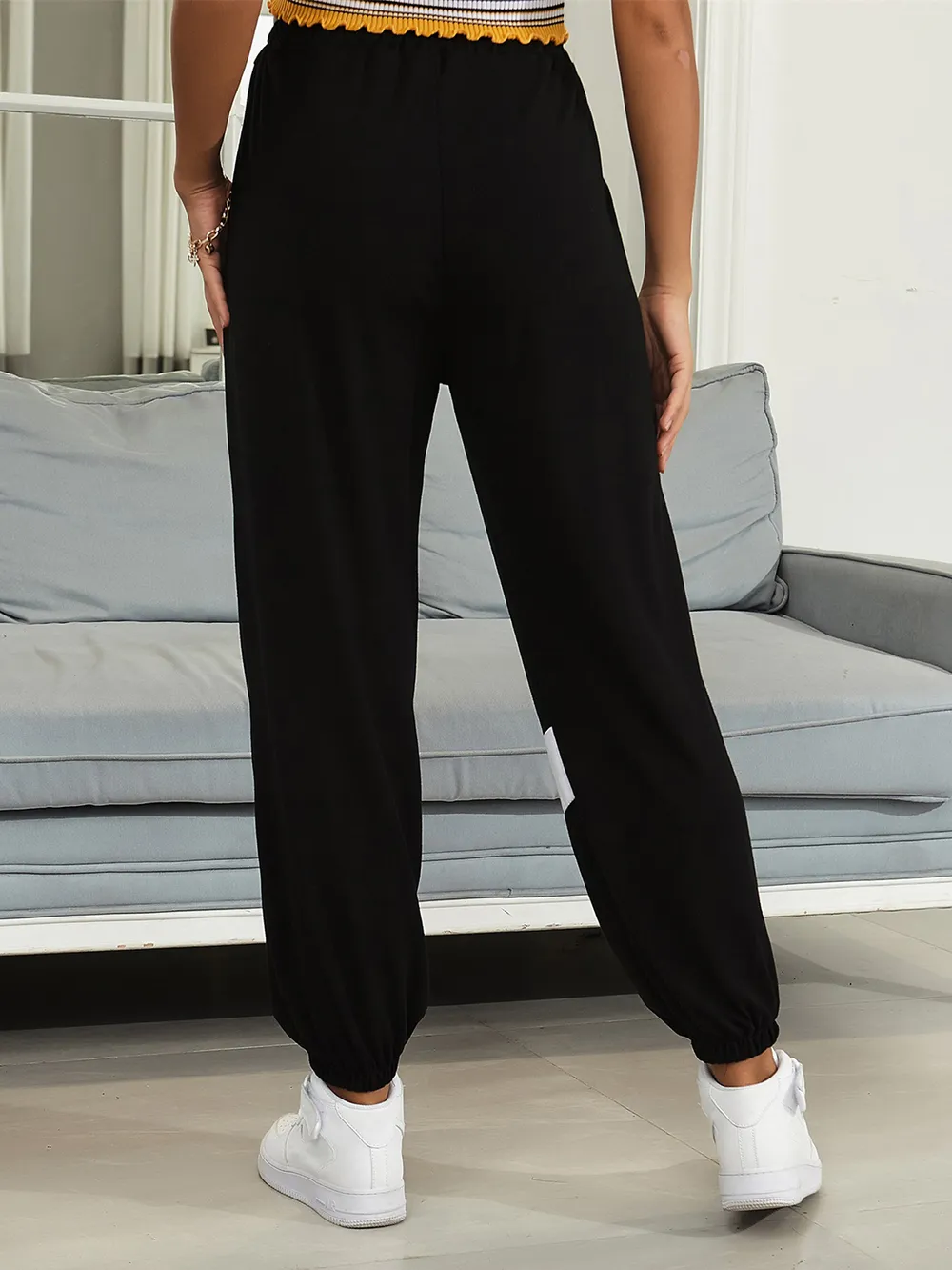 Drawstring Contrast Joggers with Pockets, image 2