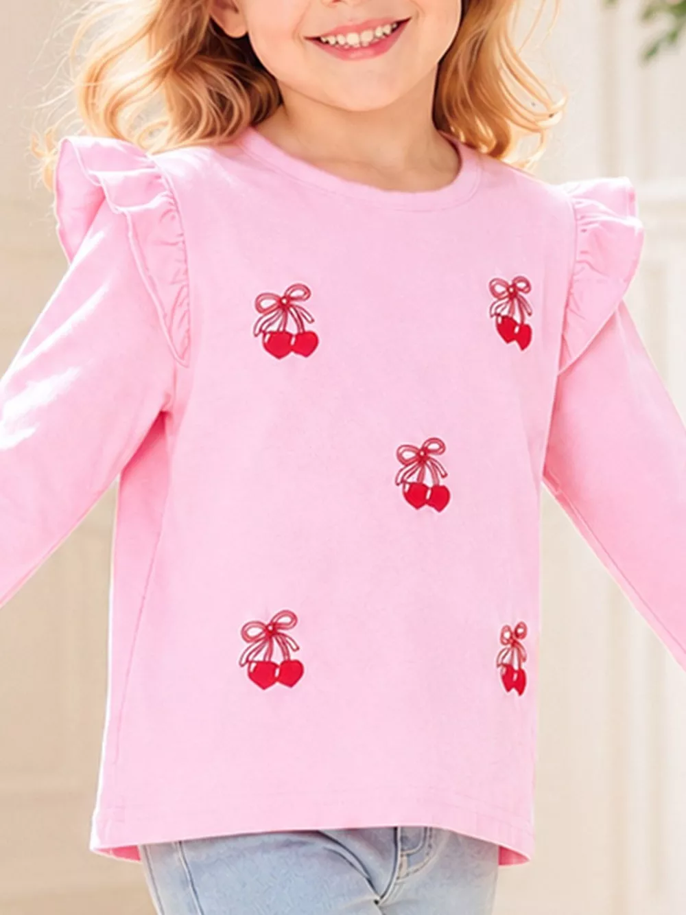 Children's Cherry & Flower Print Ruffled Long Sleeve T-Shirt, image 8