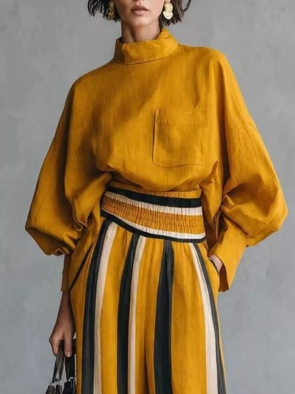 Full Size Mock Neck Top and Striped Wide-Leg Pants Set Plus Size, image 8