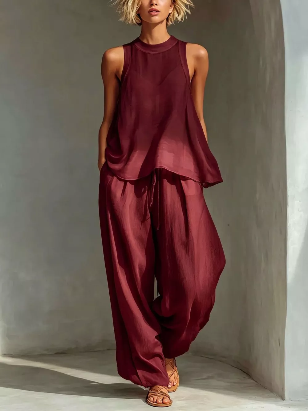 Full Size Sheer Sleeveless Top and Wide-Leg Pants Set Plus Size, image 6