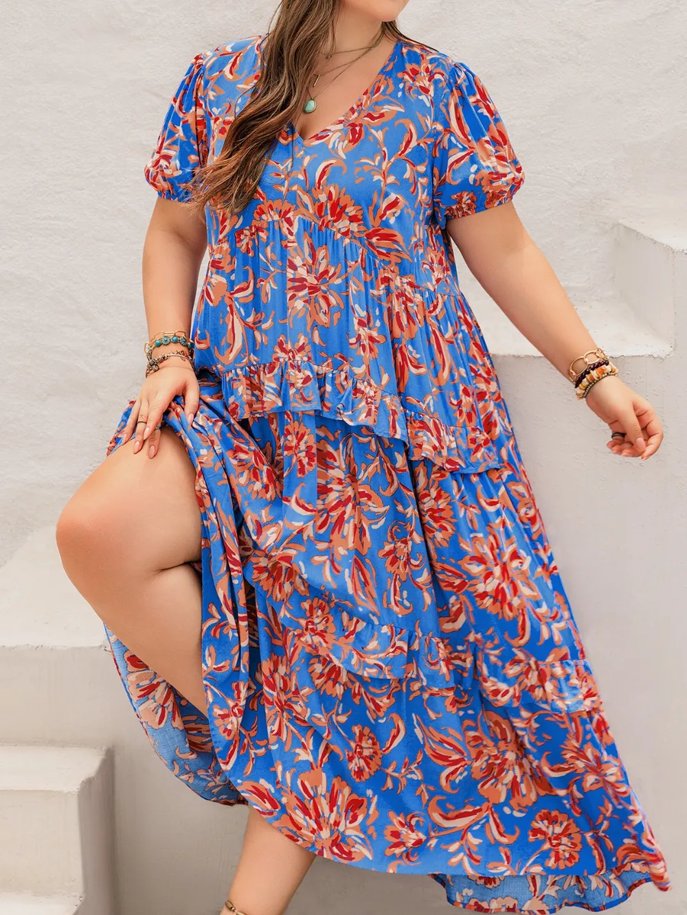 Plus Size Ruffled Printed V-Neck Short Sleeve Maxi Dress, image 8