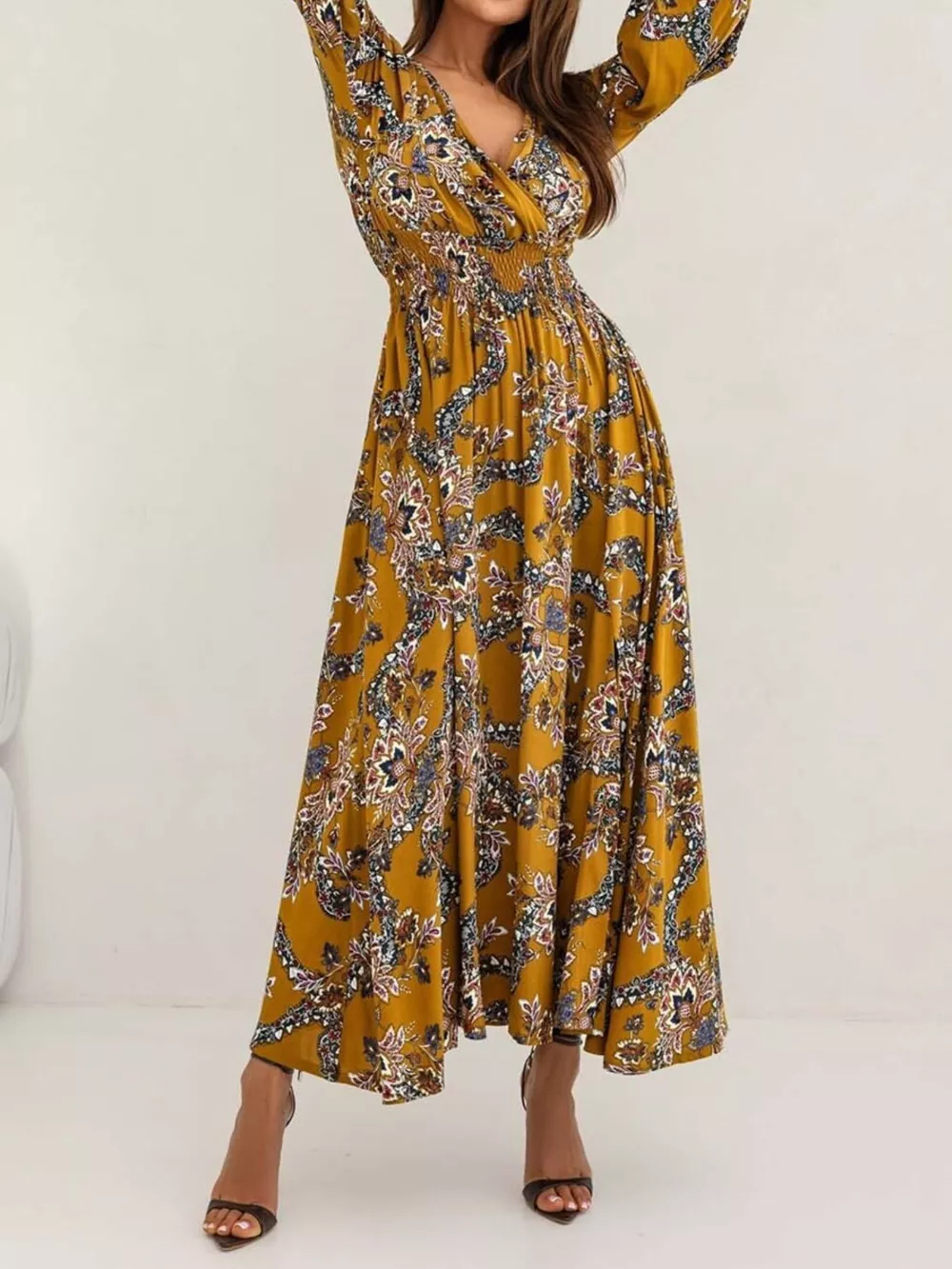 Bohemian Printed Maxi Dress with Plunging Neckline, image 12