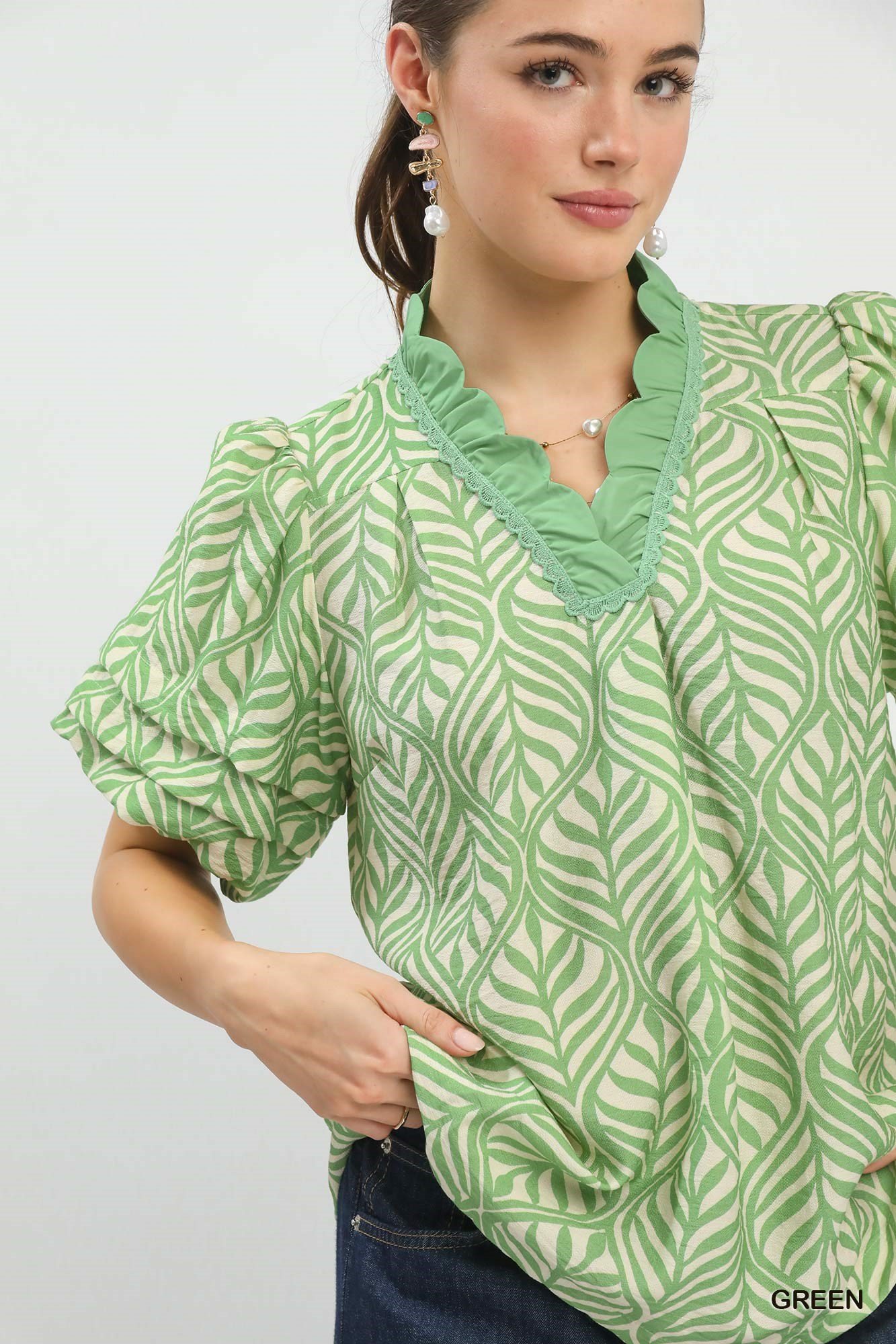 Printed Puff Sleeve Ruffle Neck Top, image 6