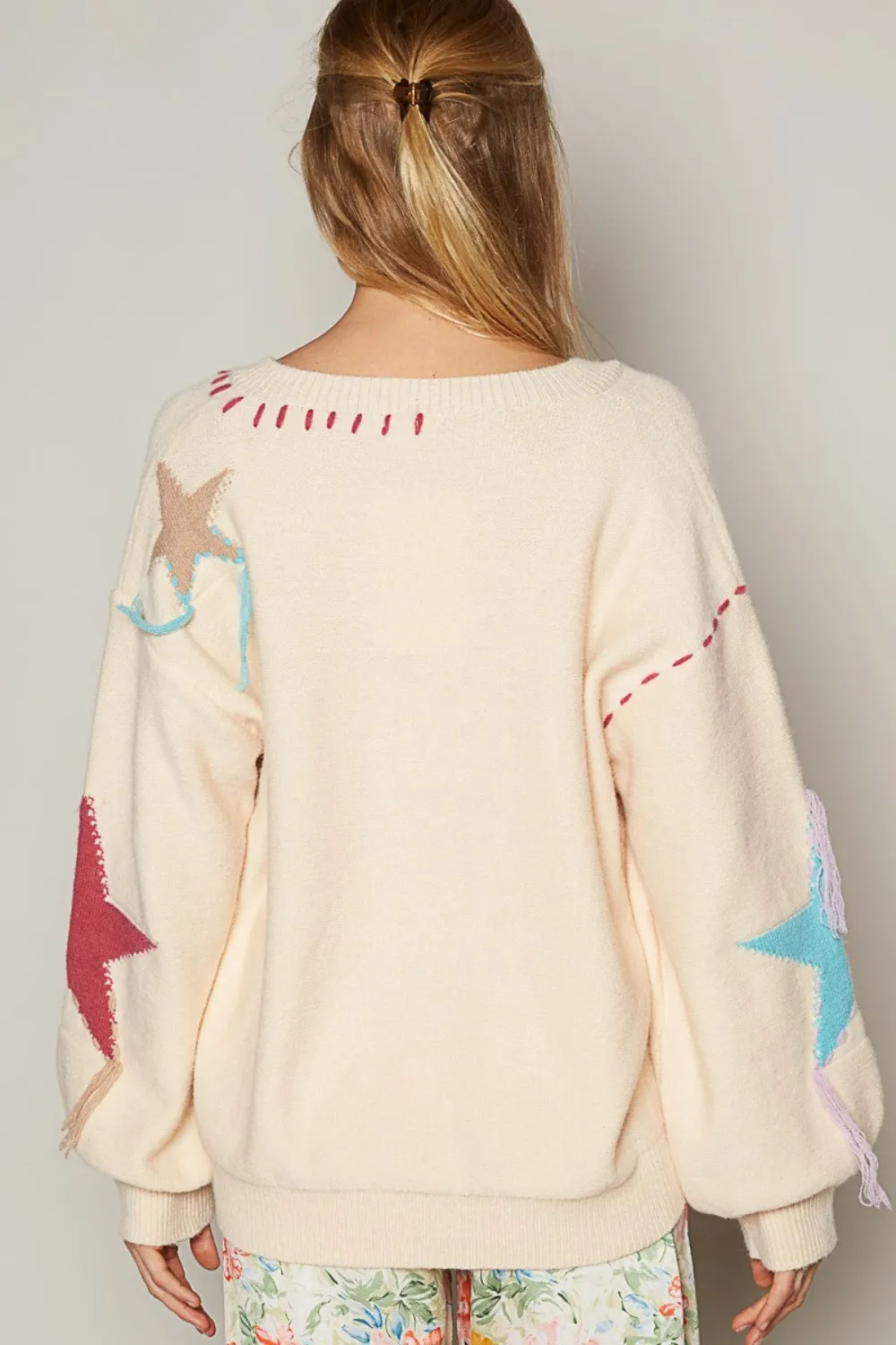 V-Neck Long Sleeve Star Fringe Sweater, image 2