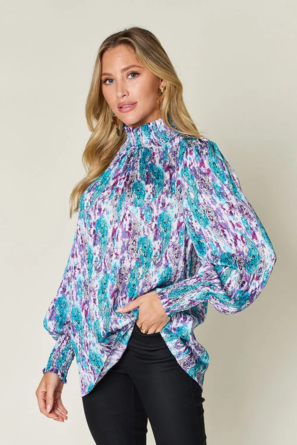 Full Size Printed Smocked Long Sleeve Blouse, image 4