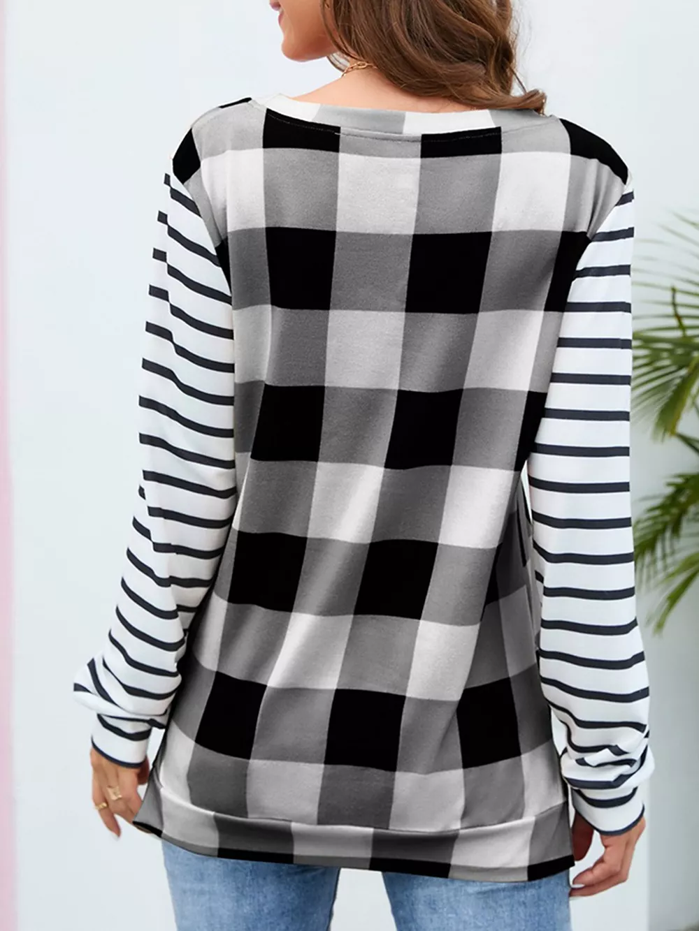 Plaid and Stripe Contrast Long Sleeve T-Shirt, image 3