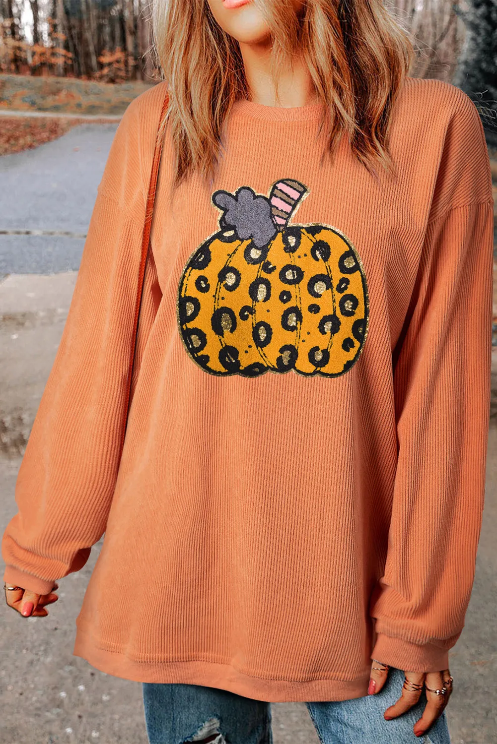 Pumpkin Round Neck Long Sleeve Sweatshirt, image 4