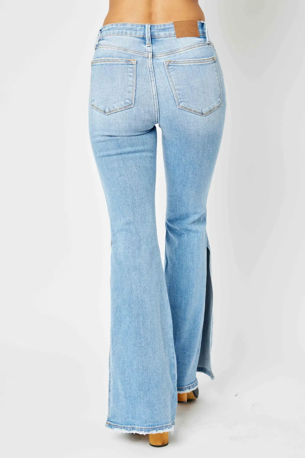Full Size Mid Rise Raw Hem Slit Flare Jeans, image 3