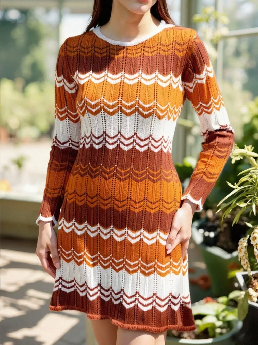 Openwork Wave Pattern Long Sleeve Sweater Dress, image 15