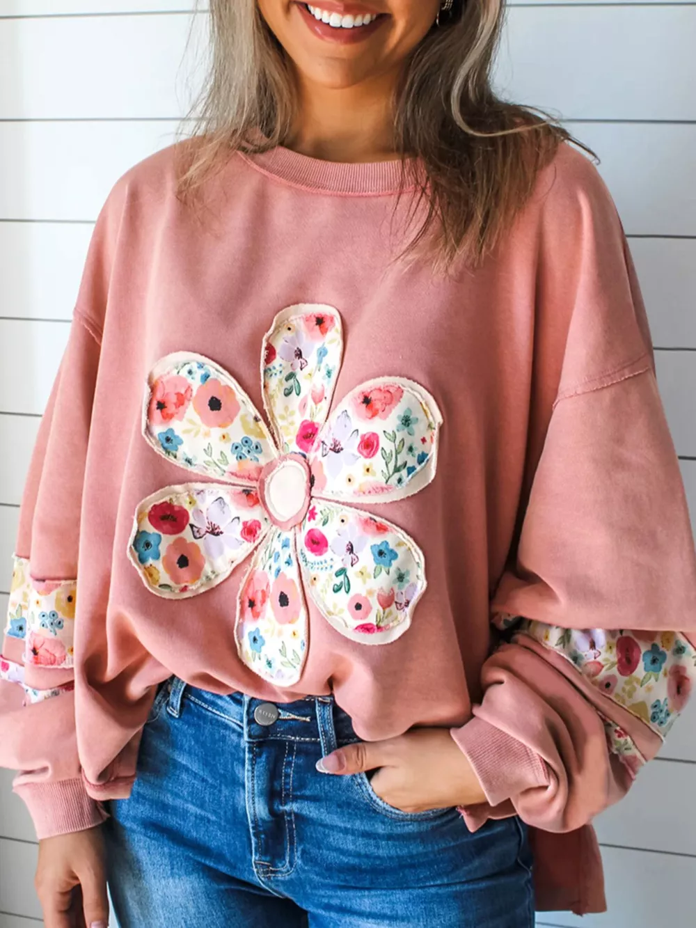 Plus Size Floral Applique Drop Shoulder Sweatshirt, image 9