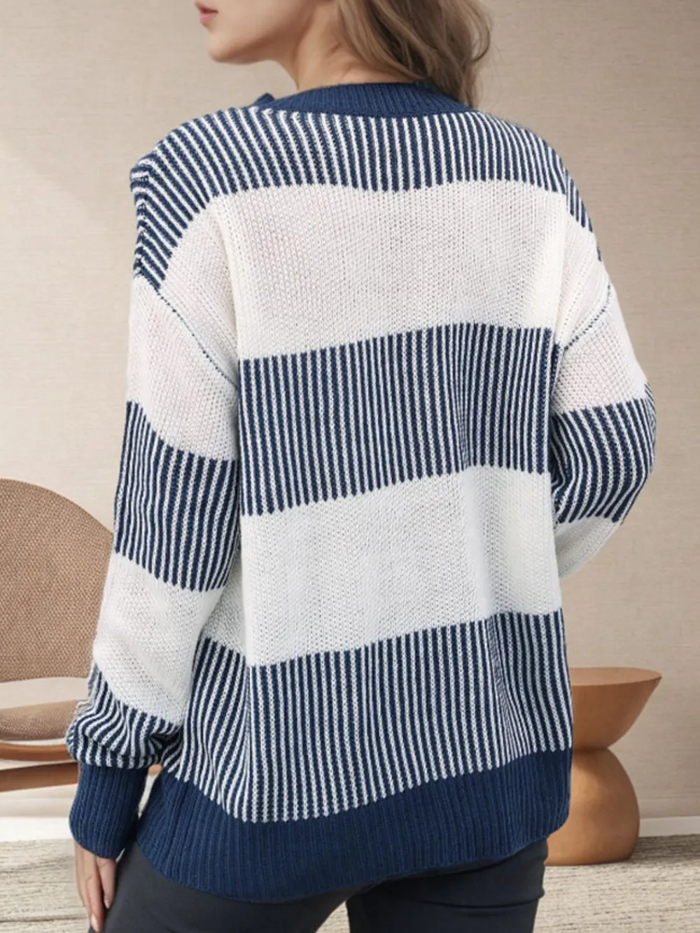 Striped Round Neck Long Sleeve Sweater, image 3