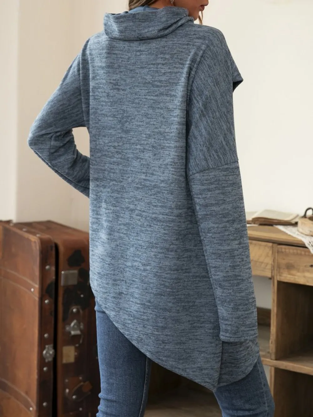 Asymmetrical Hem Cowl Neck Long Sleeve T-Shirt, image 3