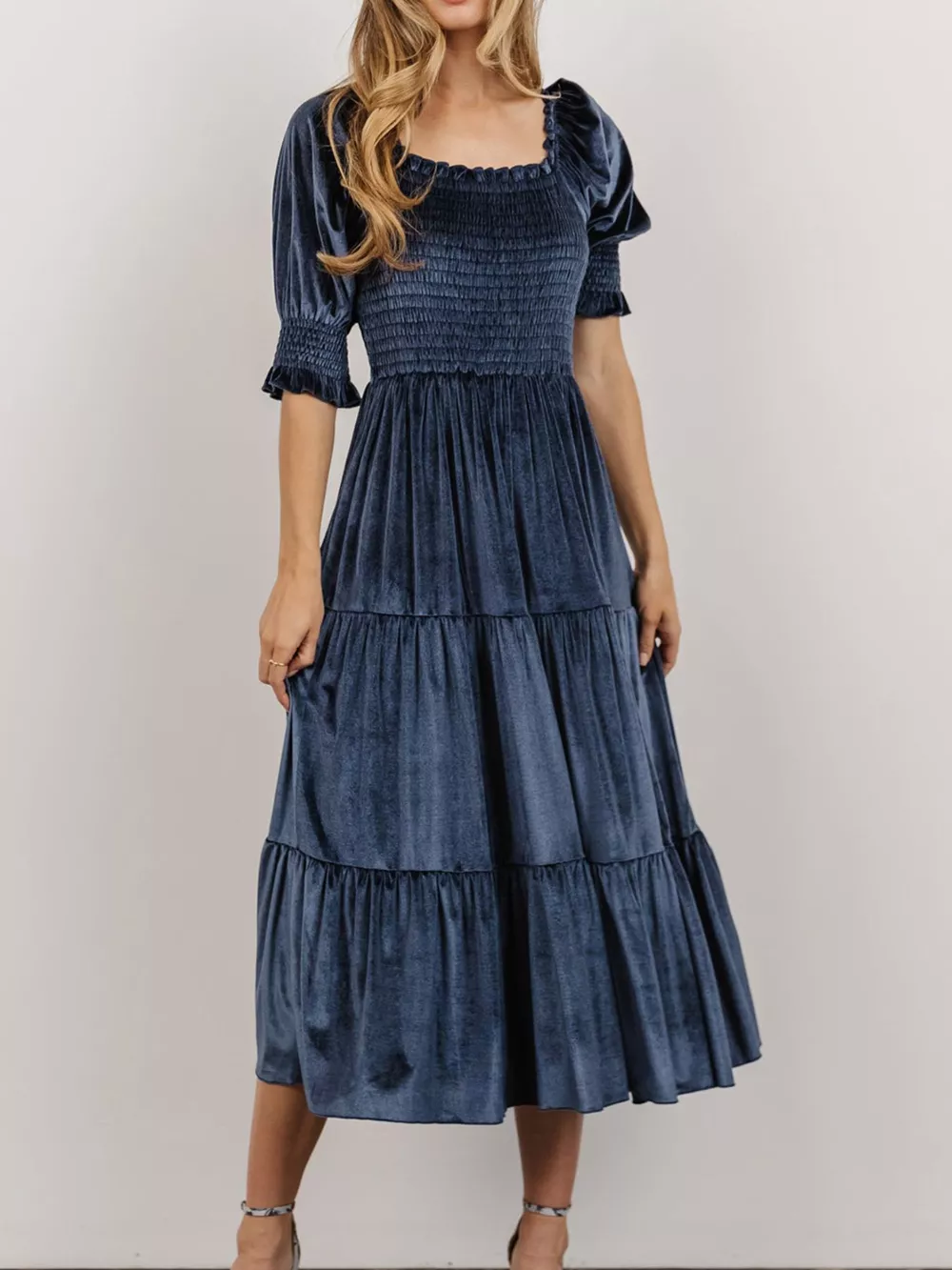 Velvet Smocked Tiered Midi Dress, image 2