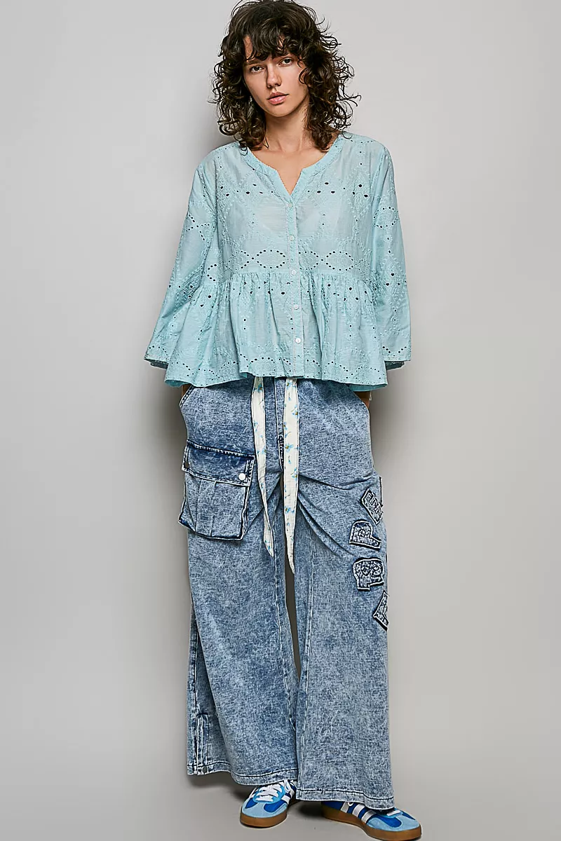 POL Eyelet Embroidery Peplum Button Front Cotton Shirt, image 5