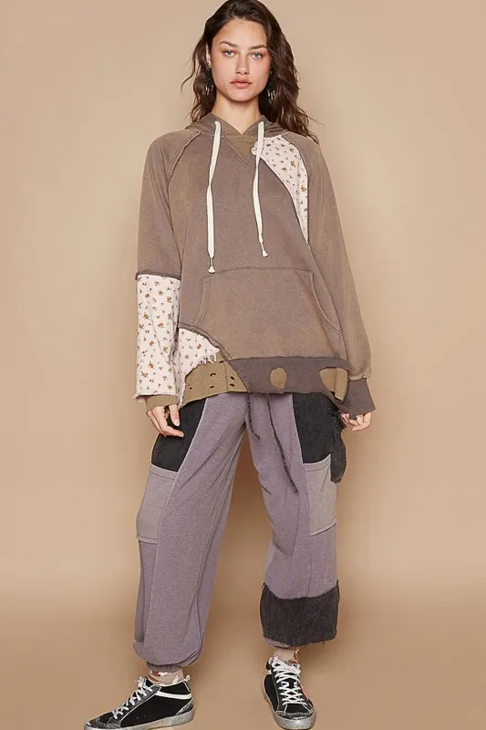 Floral Patchwork Distressed Drawstring Hoodie, image 5