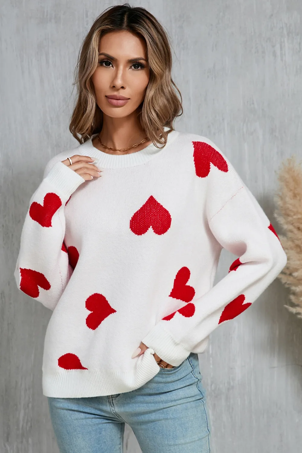 Heart Round Neck Dropped Shoulder Sweater, image 4