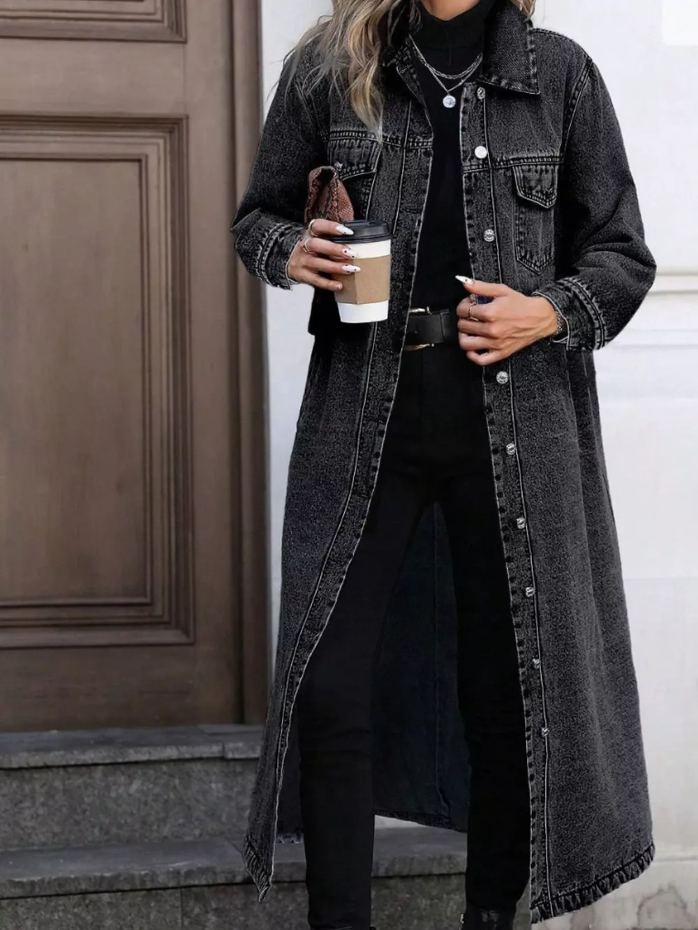 Longline Button-Front Denim Jacket, image 14
