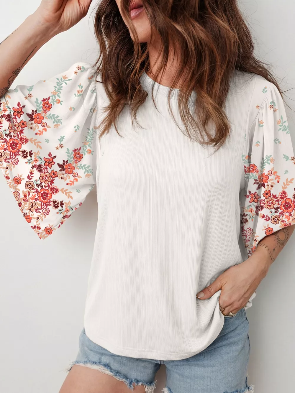 Ribbed Texture Floral Print Half Sleeve Patchwork Top, image 7