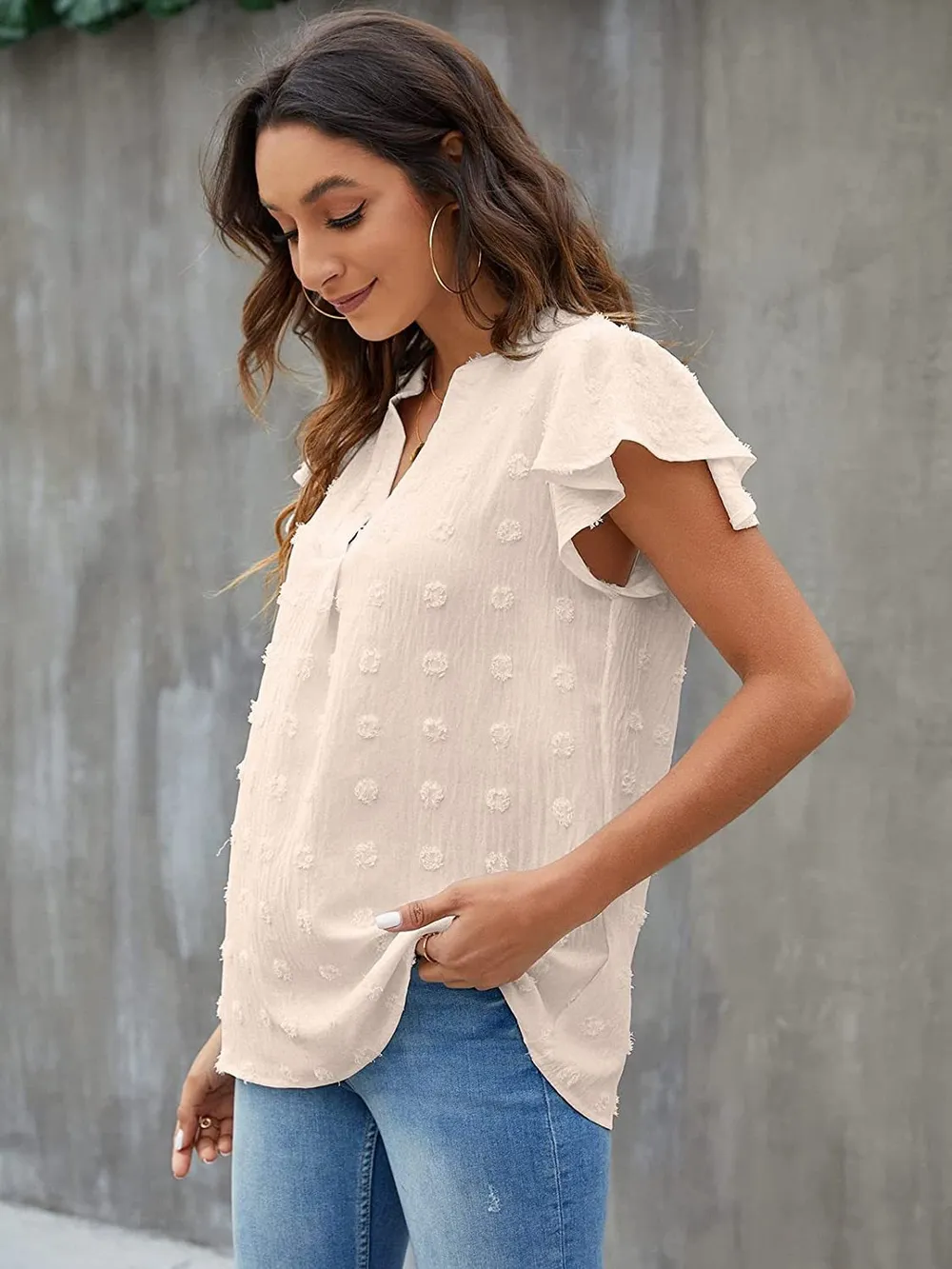 Swiss Dot Notched Flutter Sleeve Blouse, image 33