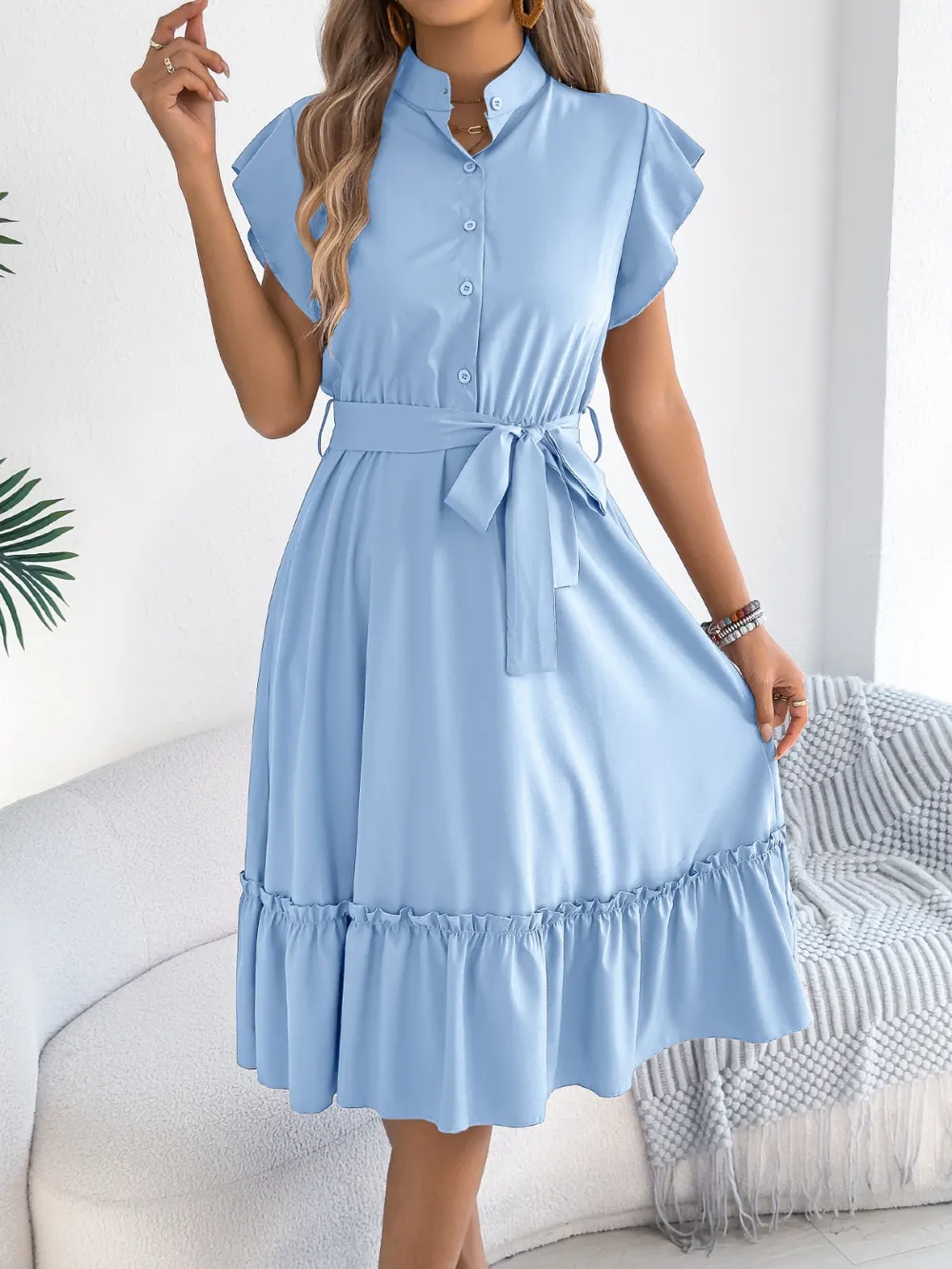 Tie Waist Ruffled Cap Sleeve Dress, image 15